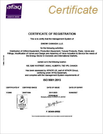 Certificate to ISO 9001:2015 standards for Nisku, AB