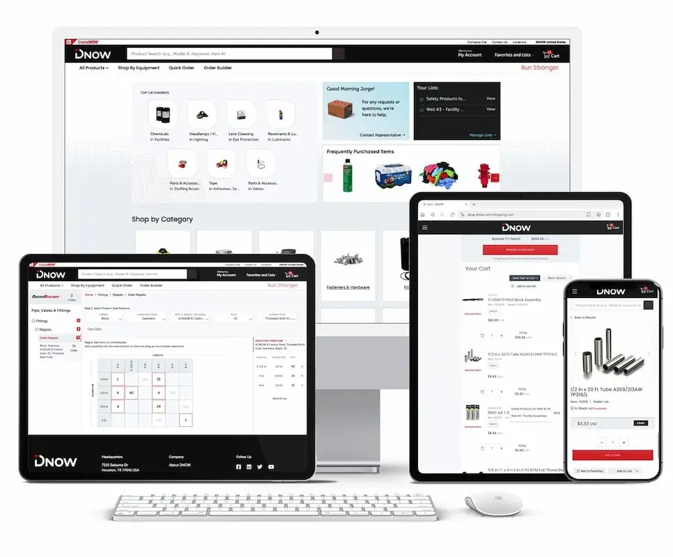 DNOW eCommerce website shop.dnow.com displayed on various devices including desktop, tablet, and mobile screens, showcasing user-friendly navigation, product categories, frequently purchased items, and an optimized cart experience. DNOW eCommerce website shop.dnow.com displayed on various devices including desktop, tablet, and mobile screens, showcasing user-friendly navigation, product categories, frequently purchased items, and an optimized cart experience.