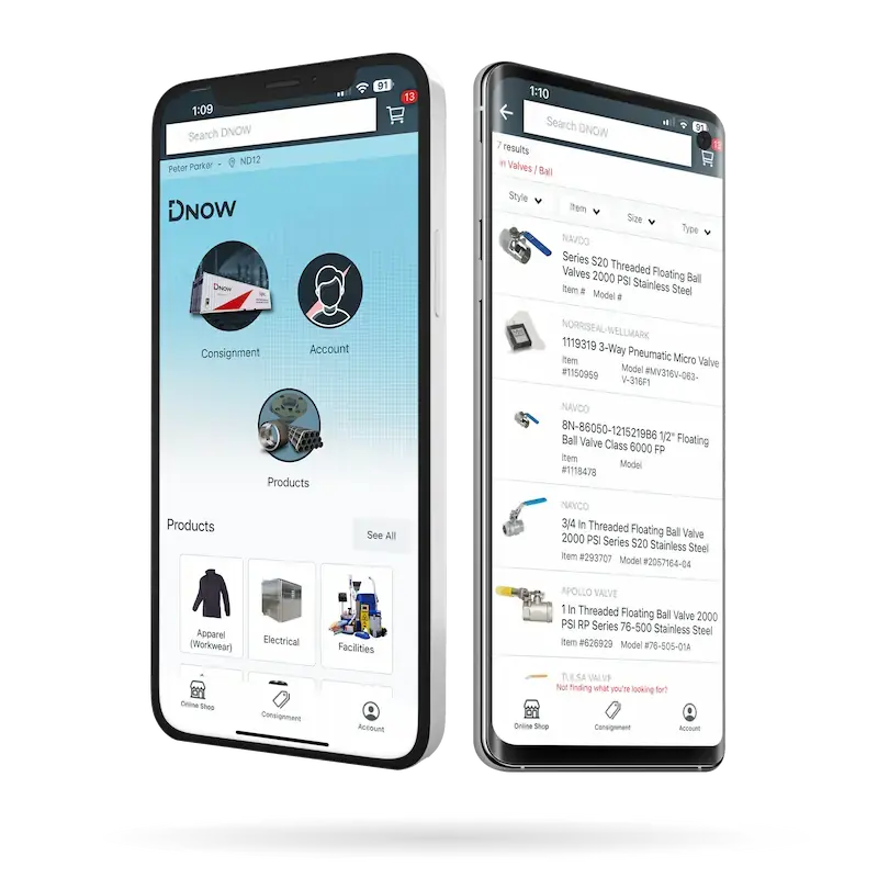 DNOW eCommerce Mobile App displayed on two smartphones, showcasing advanced search functions, product catalog browsing, self-checkout, and account management features. The app syncs with shop.dnow.com, providing a seamless shopping experience for registered DNOW customers. DNOW eCommerce Mobile App displayed on two smartphones, showcasing advanced search functions, product catalog browsing, self-checkout, and account management features. The app syncs with shop.dnow.com, providing a seamless shopping experience for registered DNOW customers.