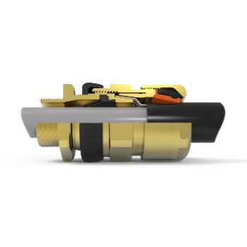 Close-up view of a Hawke International 501/453 Universal Ex cable gland, certified for Zones 1/21 and 2/22 hazardous areas. Close-up view of a Hawke International 501/453 Universal Ex cable gland, certified for Zones 1/21 and 2/22 hazardous areas.