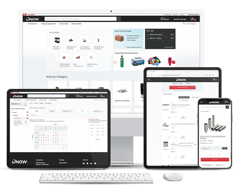 DNOW eCommerce website shop.dnow.com displayed on various devices including desktop, tablet, and mobile screens, showcasing user-friendly navigation, product categories, frequently purchased items, and an optimized cart experience. DNOW eCommerce website shop.dnow.com displayed on various devices including desktop, tablet, and mobile screens, showcasing user-friendly navigation, product categories, frequently purchased items, and an optimized cart experience.