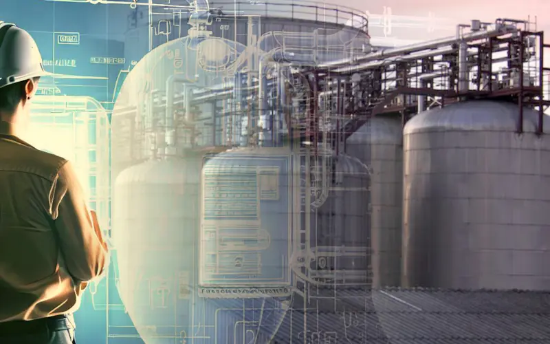 Engineer analyzing tank battery design schematics, highlighting the intricacies of wellhead production and vessel fabrication. Engineer analyzing tank battery design schematics, highlighting the intricacies of wellhead production and vessel fabrication.